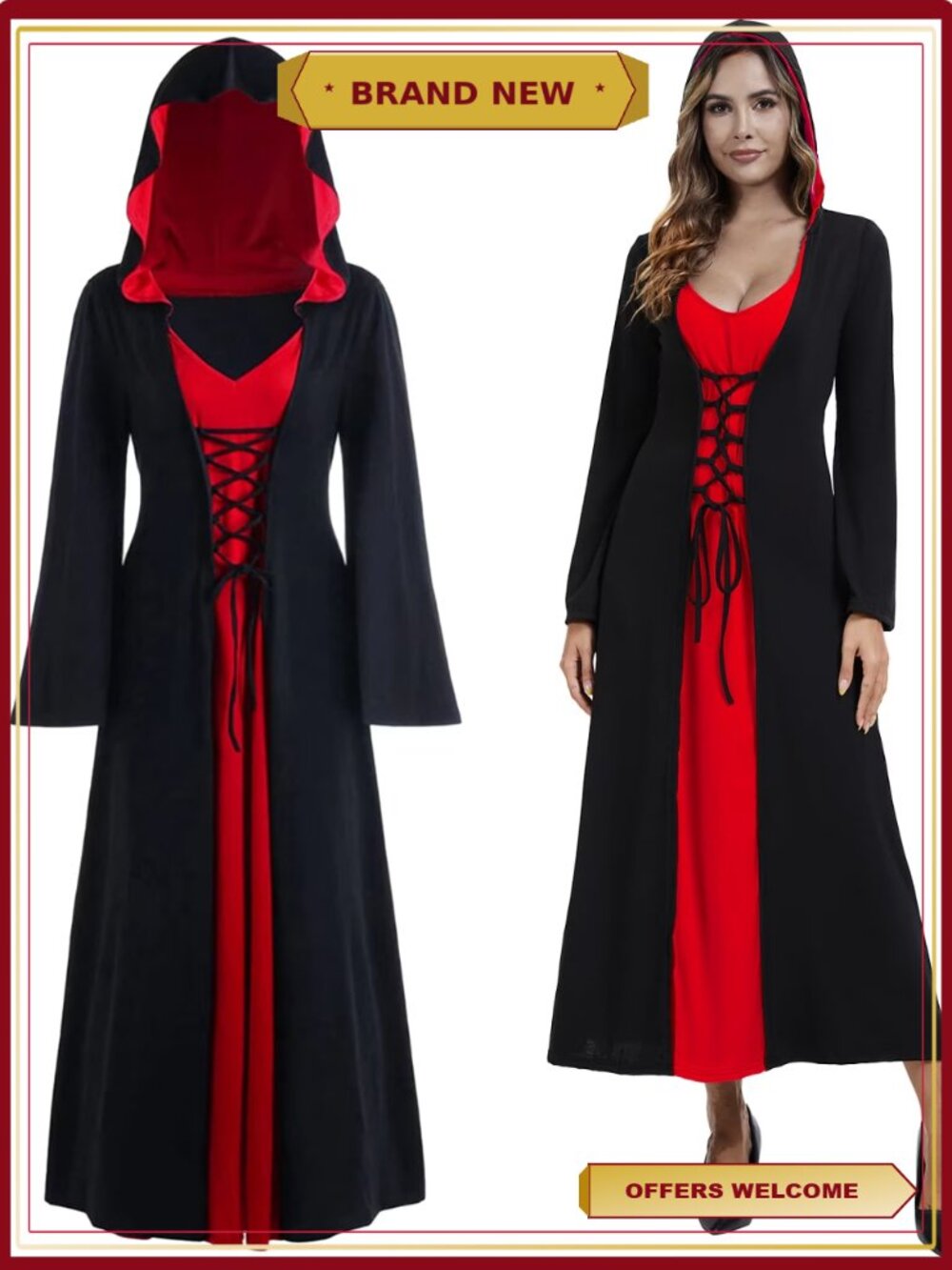 Vintage Witch Dress Renaissance Medieval Costume Long Sleeve Hooded